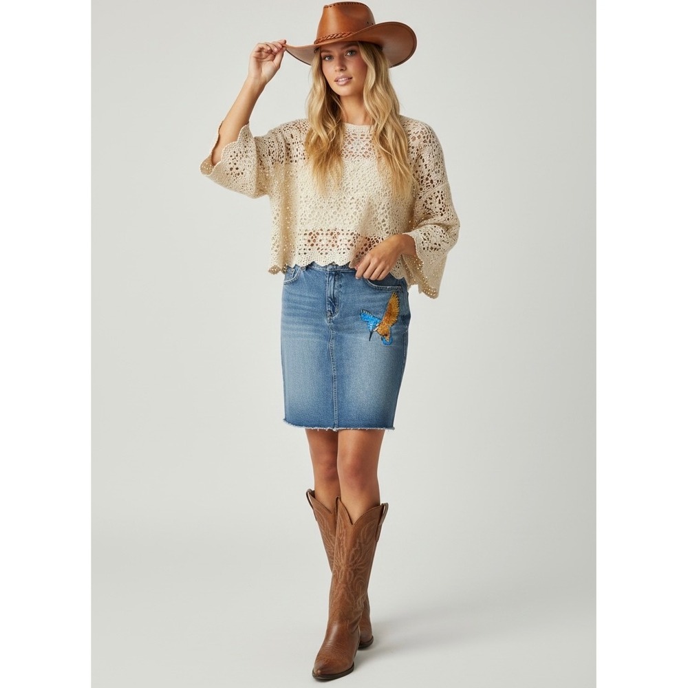 VINTAGE Esprit Blue‎ Denim Embroidered Kingfisher Bird Pencil Skirt Size 10 Boho